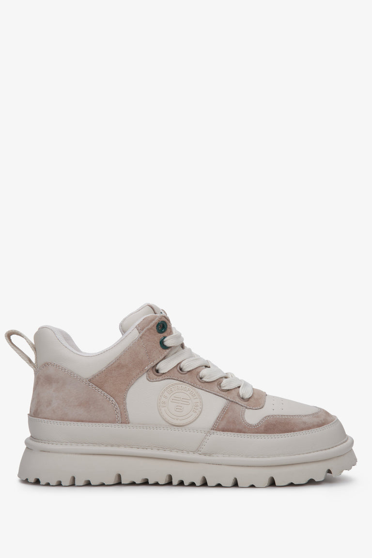 Elevated women's  beige sneakers in beige color made of leather and velour by Estro - shoe profile.