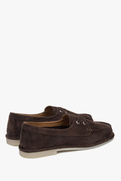 Dark brown Estro women's loafers, made of velour and laced in a nautical style.
