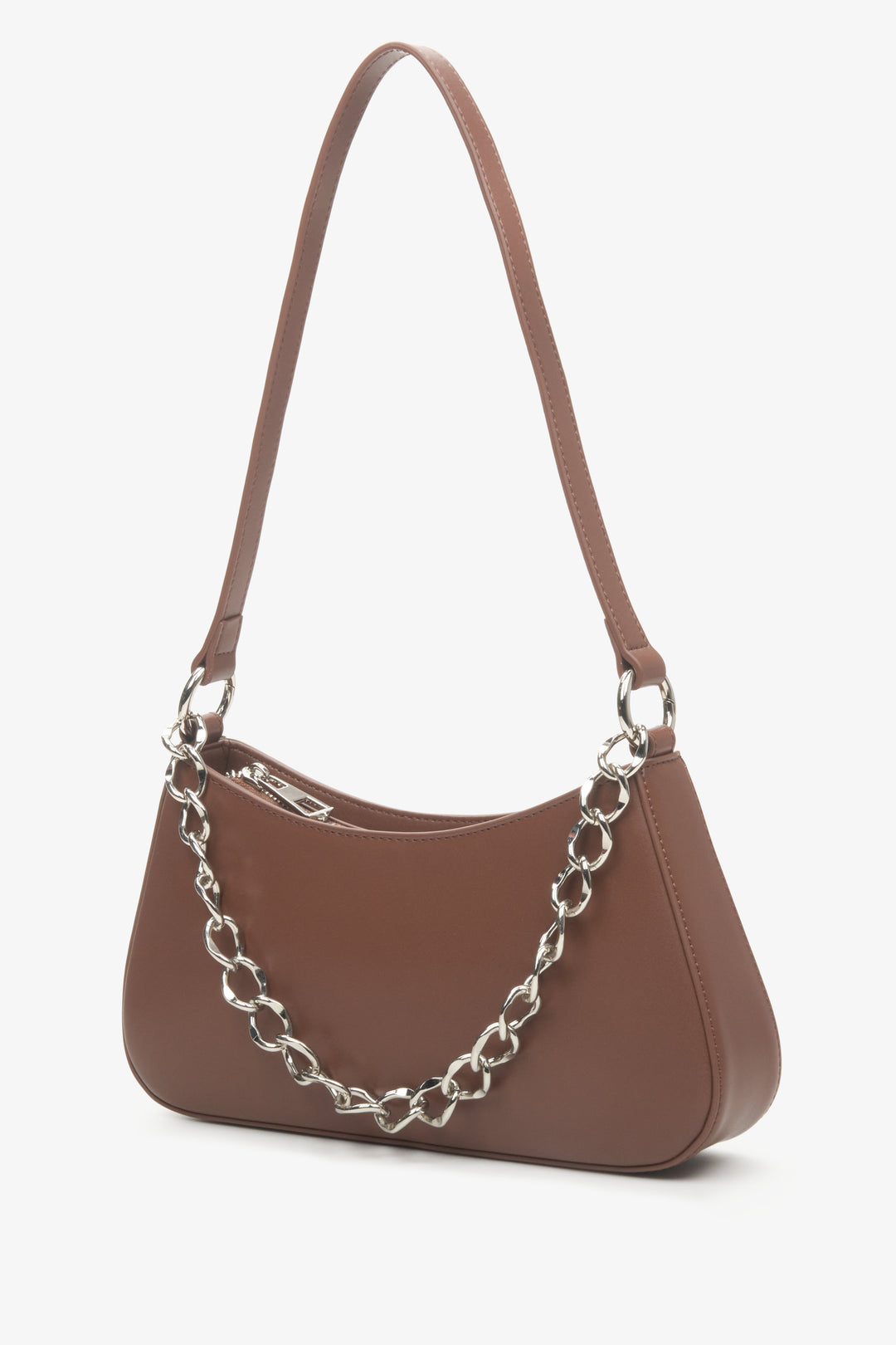 Women's brown leather baguette chain bag by Estro.