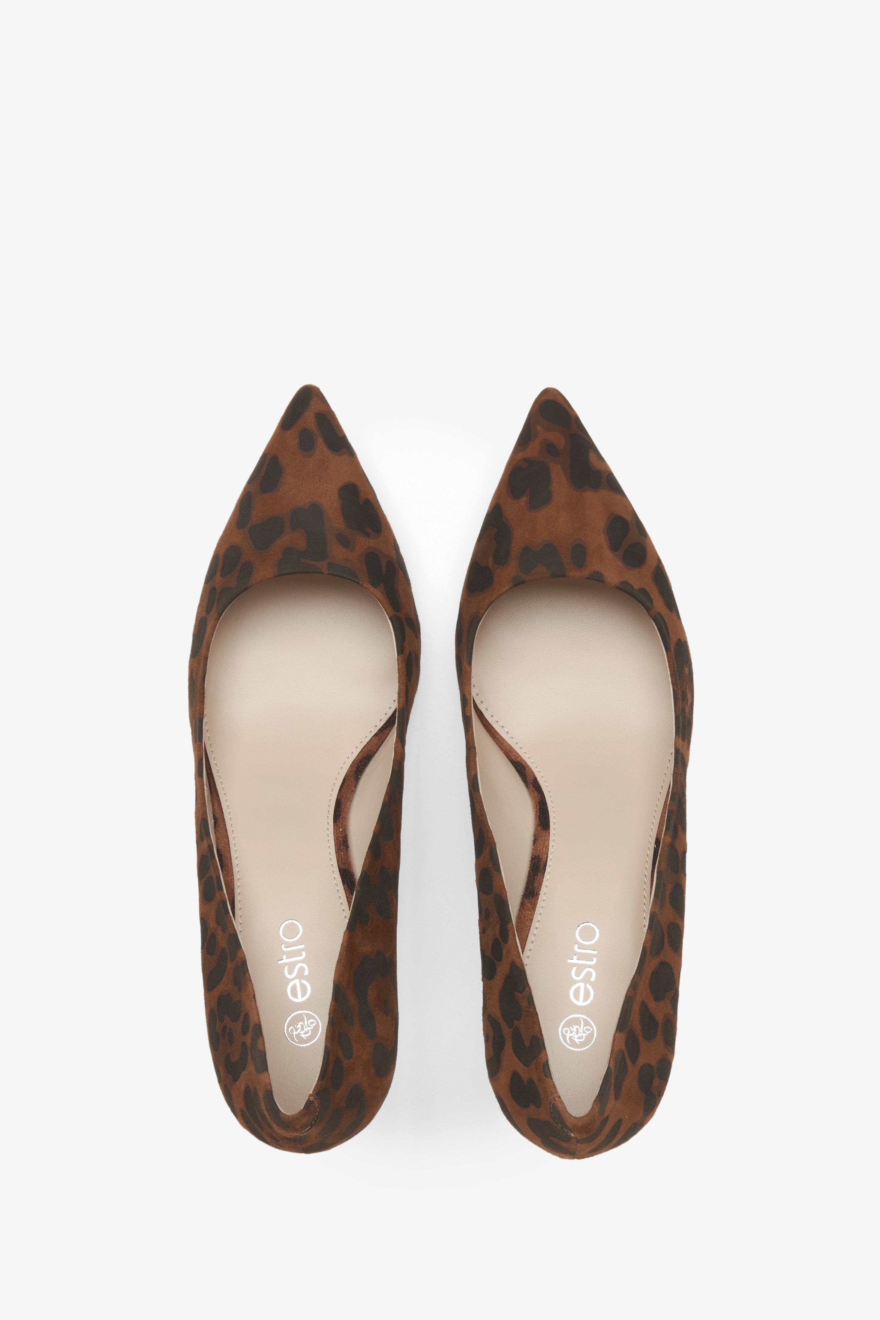 Velour leopard print pumps with a pointed toe.