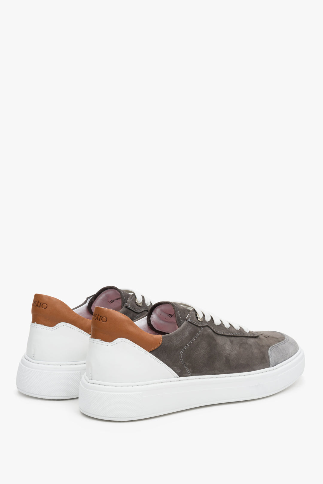 Men's sneakers in grey and brown-white nubuck and Estro leather - close-up on the heel.