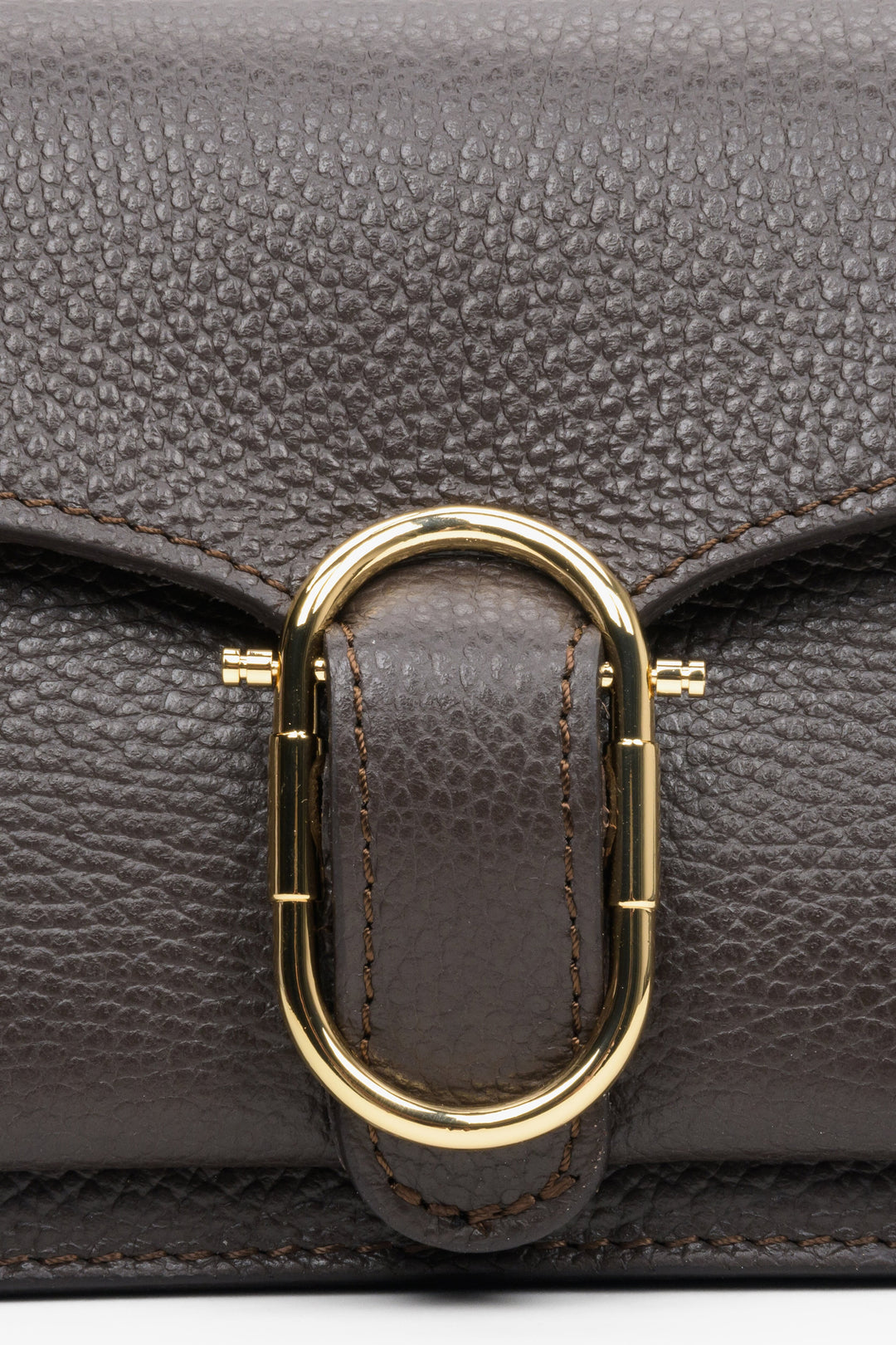 Small dark brown women's handbag - close-up of gold application.