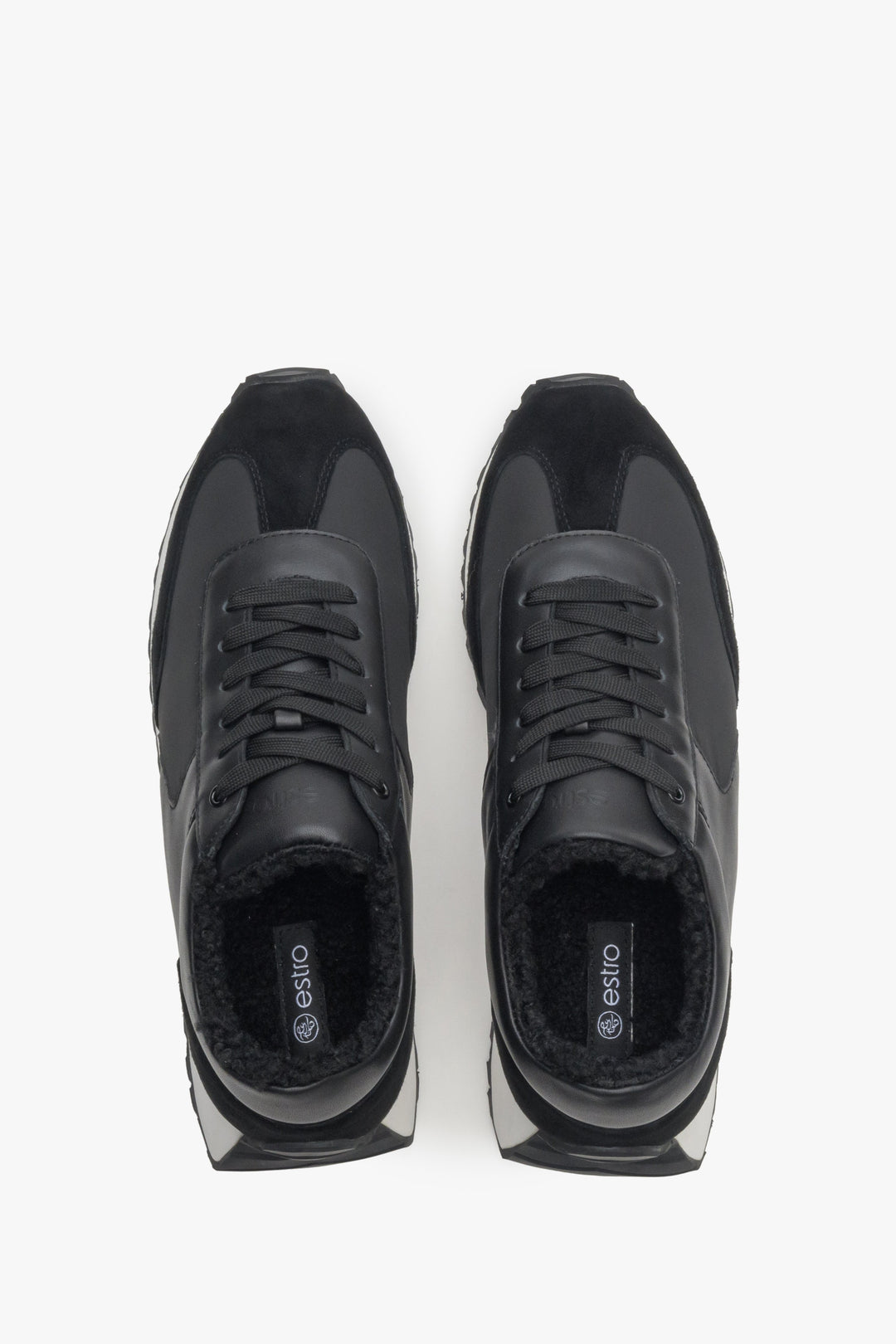 Women's winter sneakers in black made of leather and velvet - top view presentation of the model.