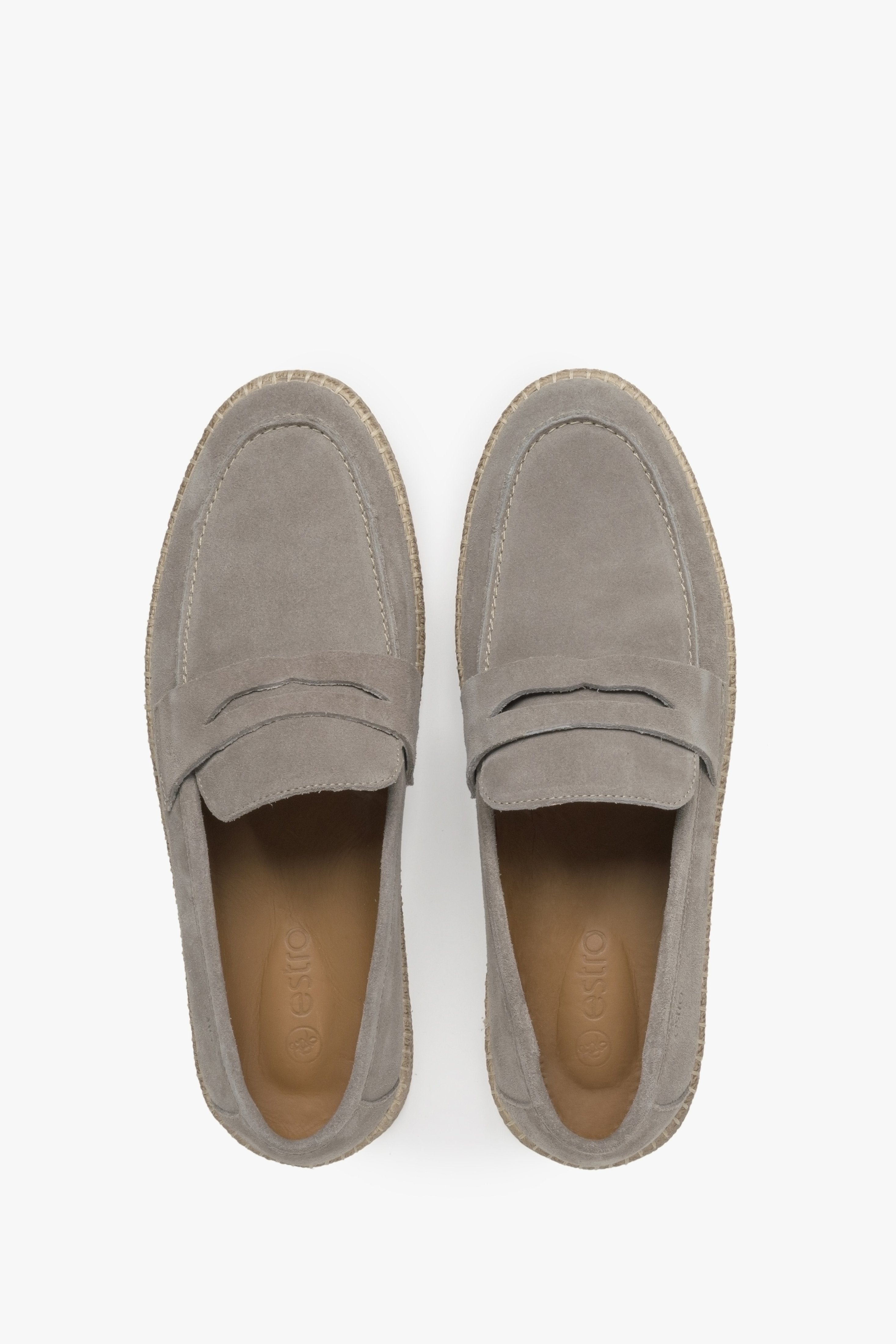 Estro beige women's velour moccasins - top view presentation of the model.