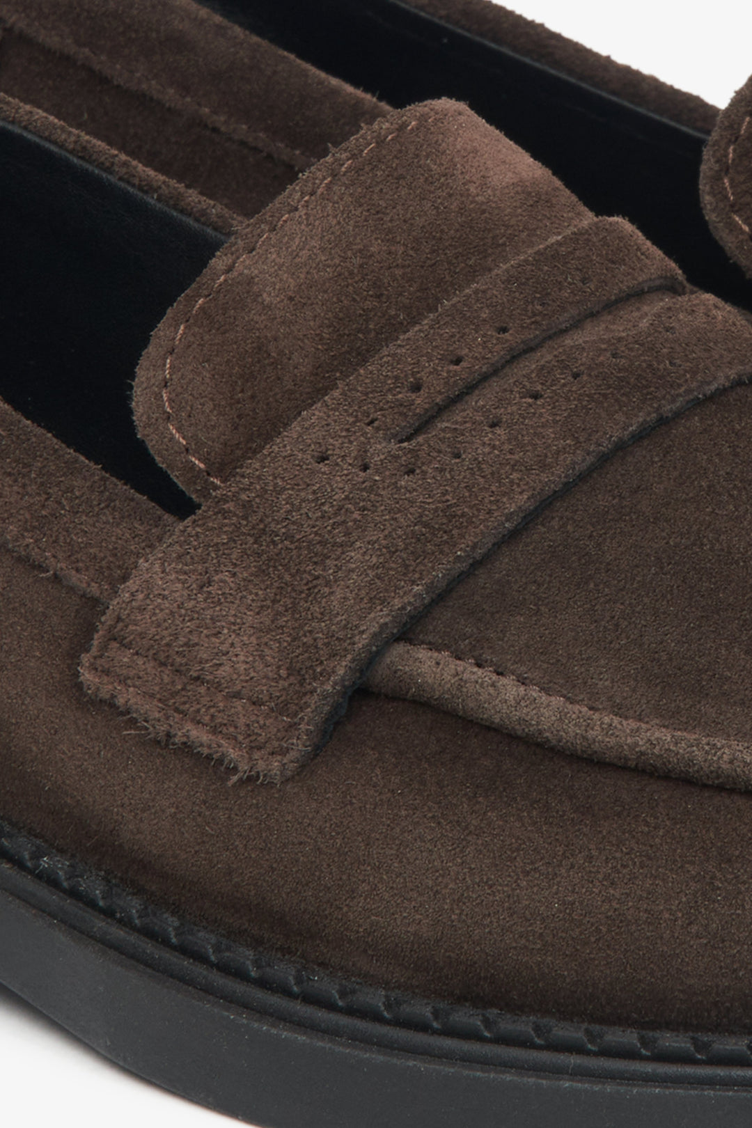 Brown Penny loafers for women made of Italian natural velour by Estro - details.