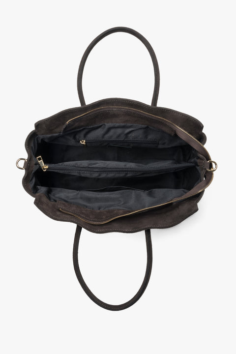 Large dark brown handbag made of Italian velour by Estro.
