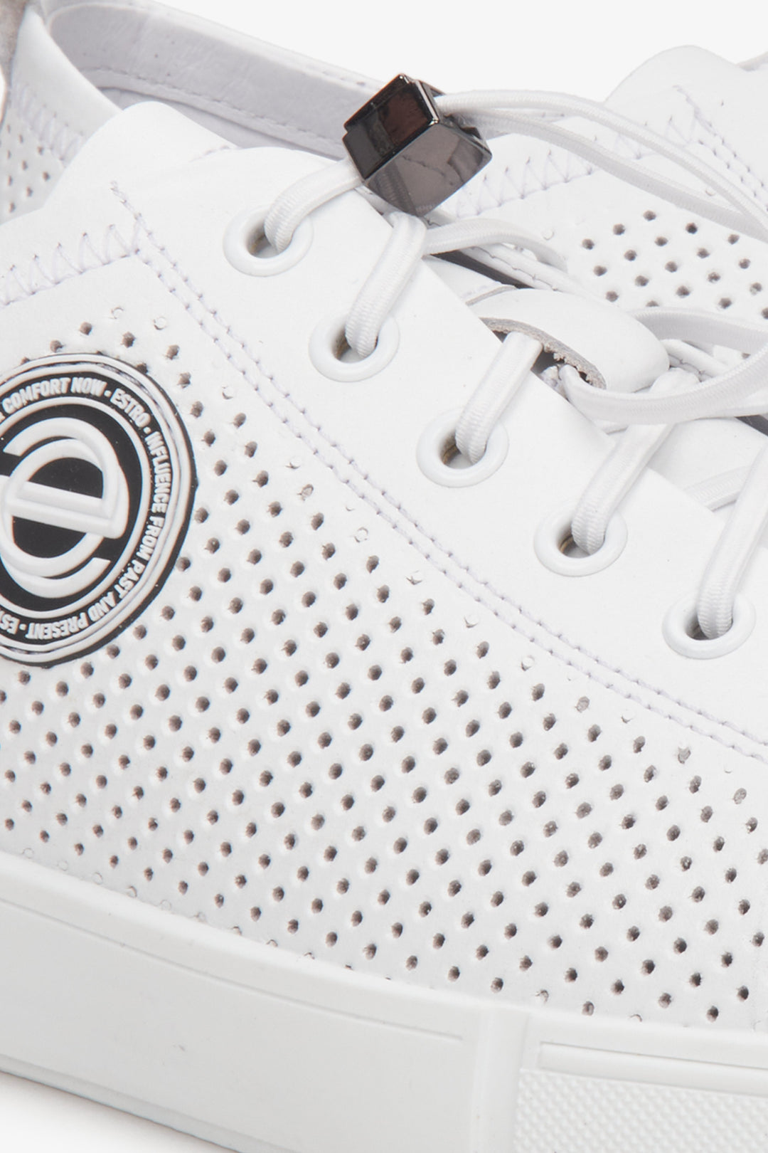 Men's summer perforated shoes in white - close-up on details.