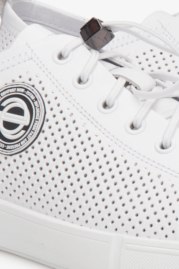 Men's summer perforated shoes in white - close-up on details.