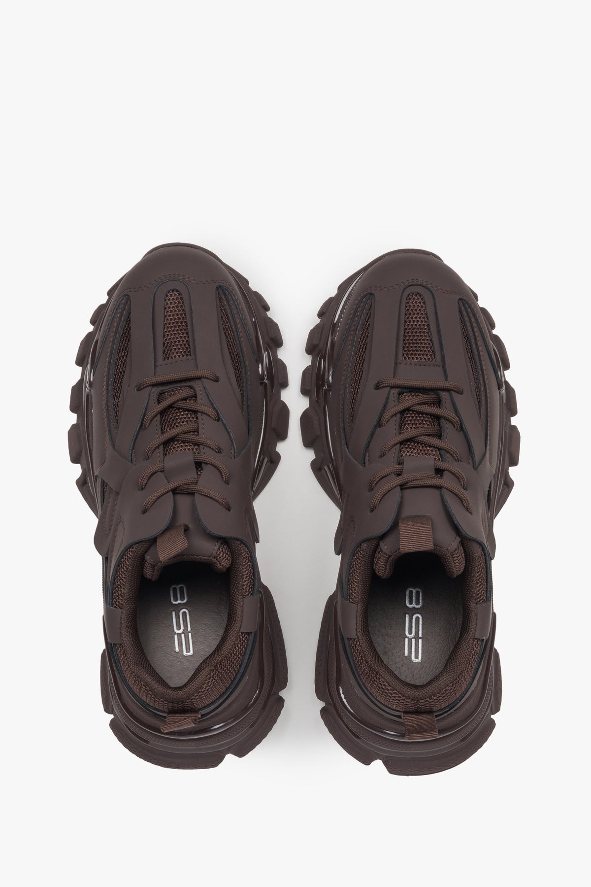 Women's dark brown sneakers ES8 with lacing for spring and autumn - top view presentation of the footwear.