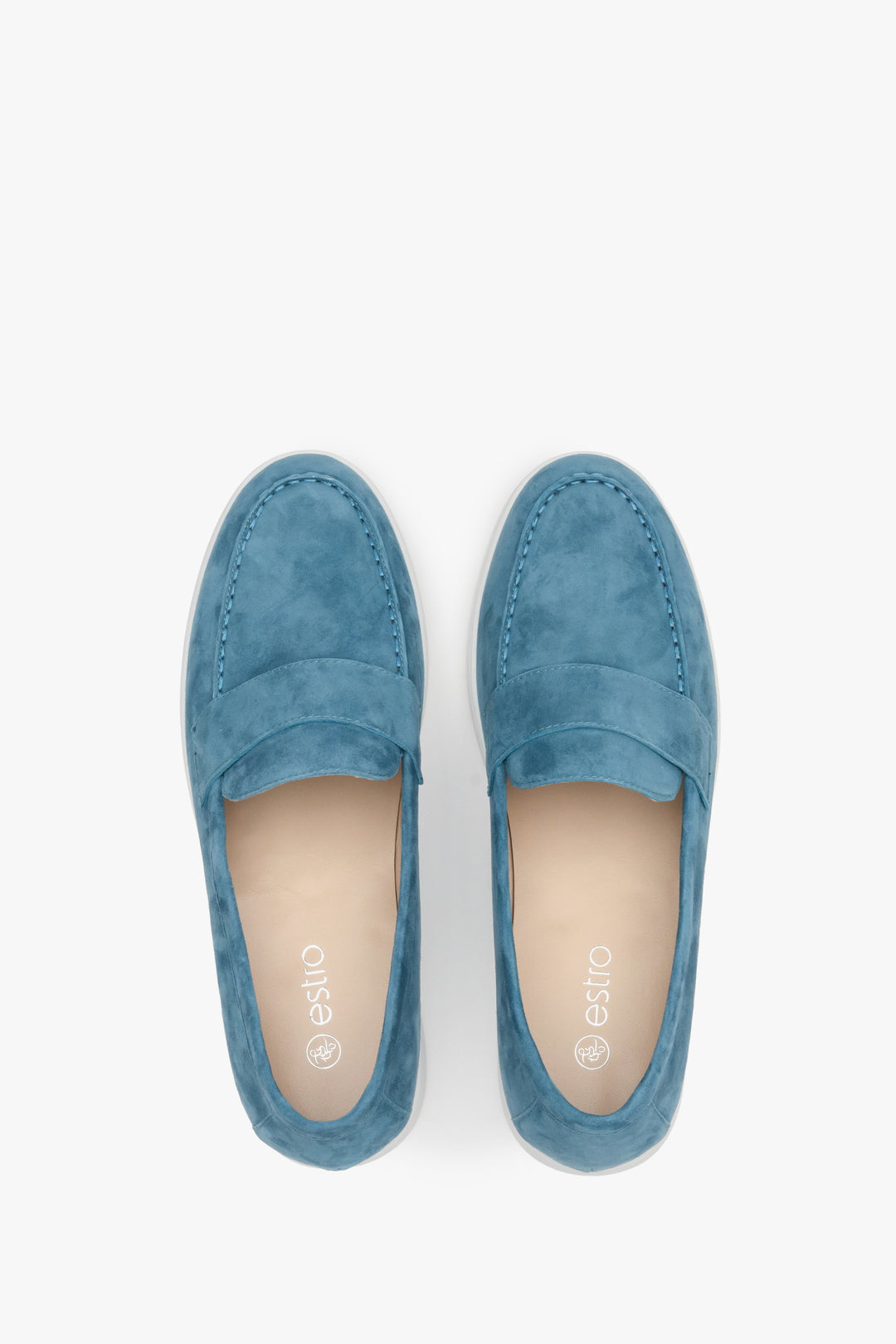 Women's blue Estro moccasins for fall, made of genuine velour - presentation of footwear from above.