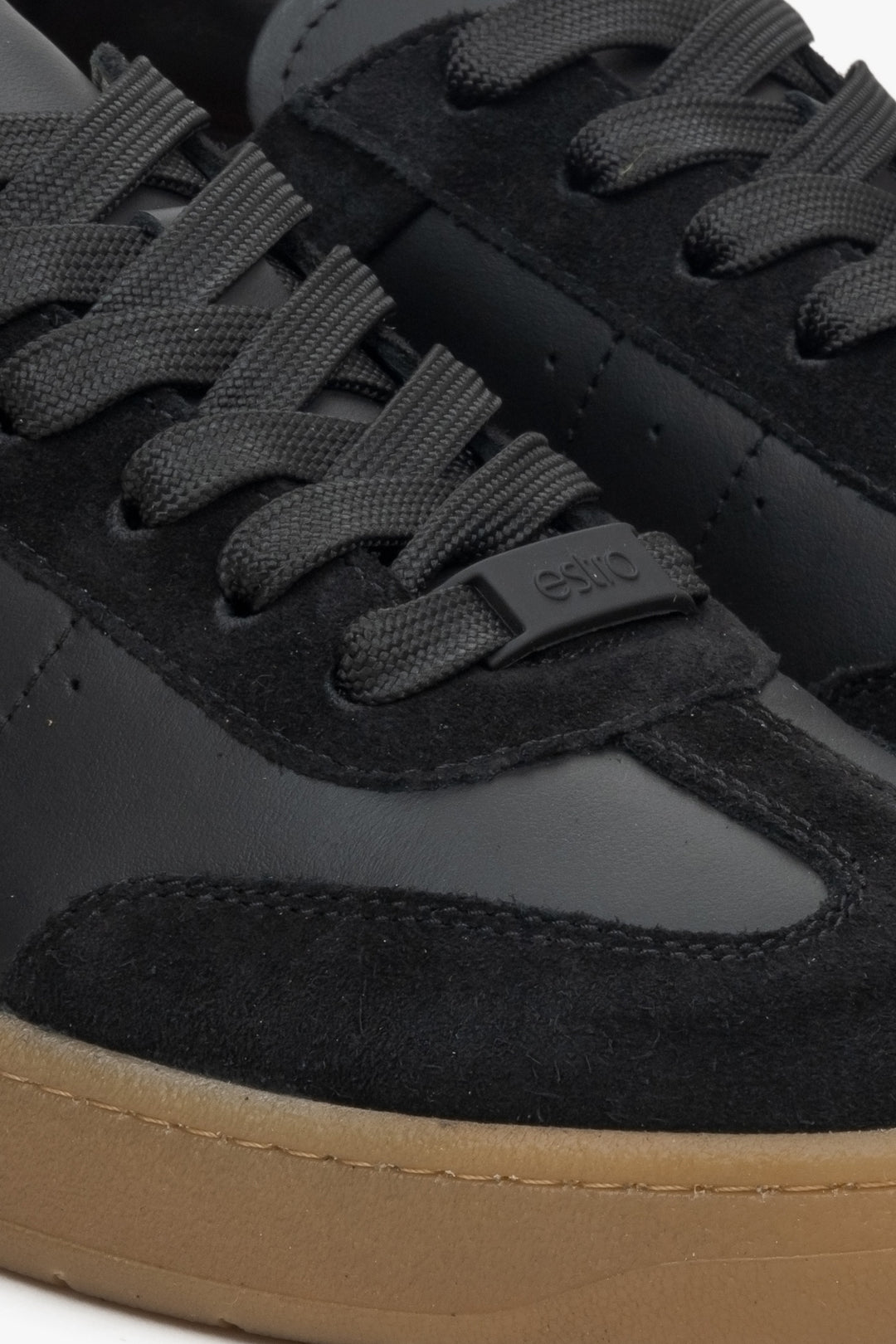 Women's black leather and velour sneakers by Estro - close-up of the details.