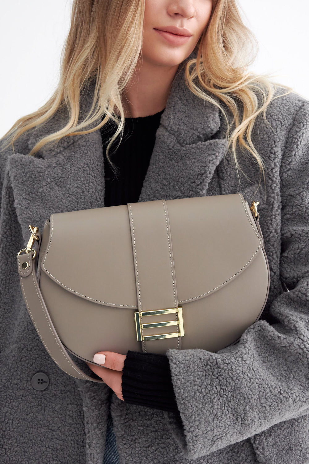 Women's Grey Leather Handbag with Gold Hardware - fully-stylized bag.