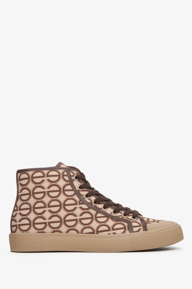 High-top women's sneakers in brown and beige, made of textile.