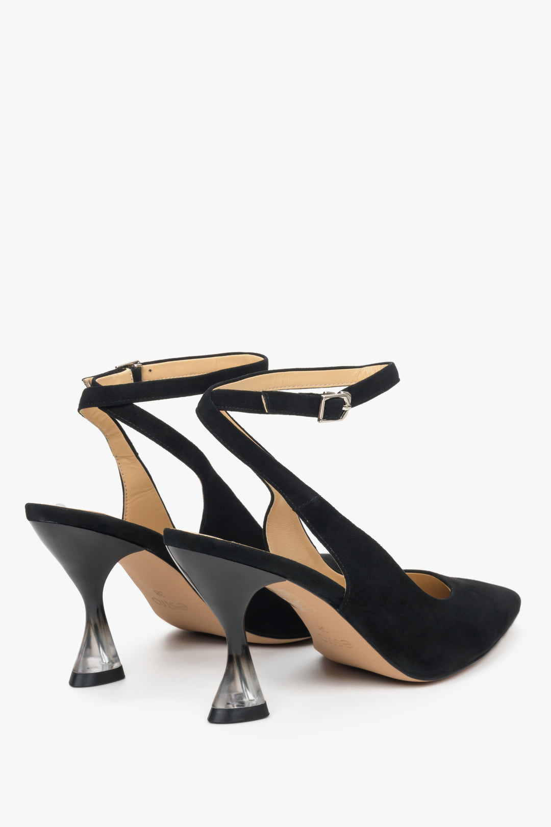 Elegant, black velour slingback pumps Estro - presentation of the heel and shoe sideline. 