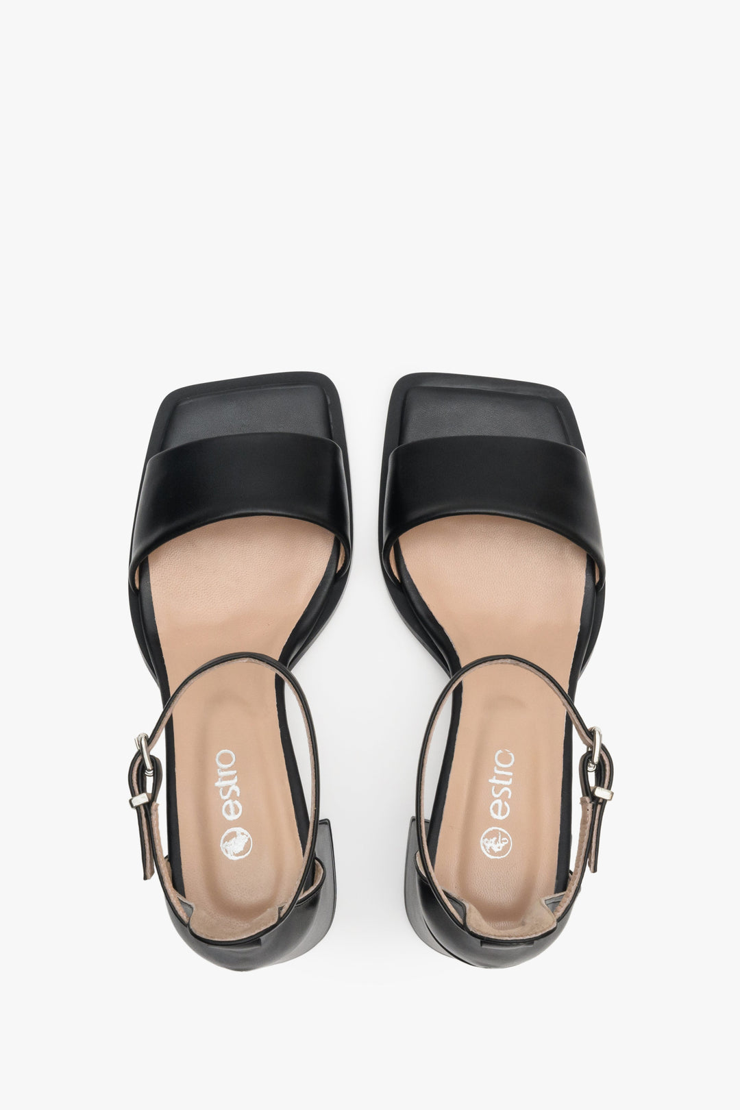 Women's black leather block-heeled sandals - top view presentation of Estro footwear.
