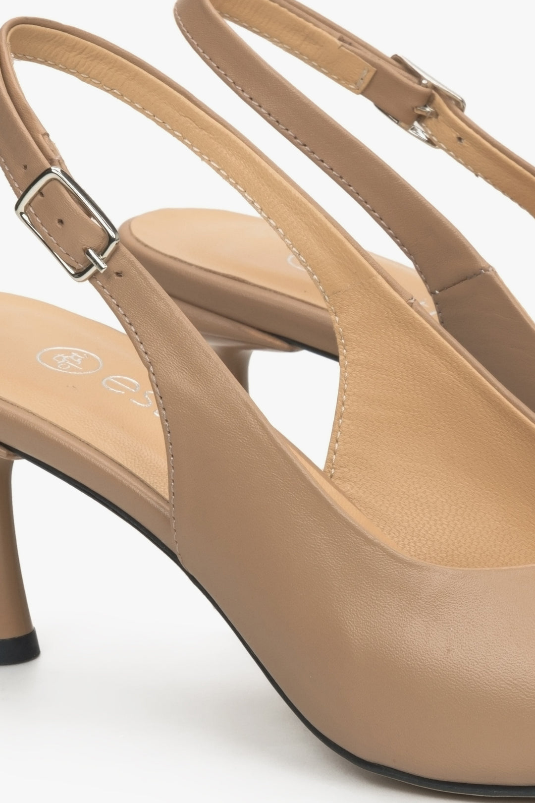 Women's beige leather slingbacks by Estro - close-up on the detail.