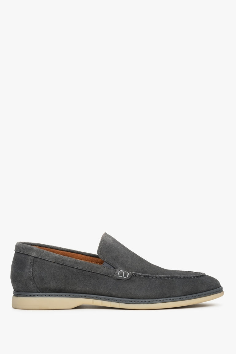 Men's grey velour loafers for fall - shoe profile.