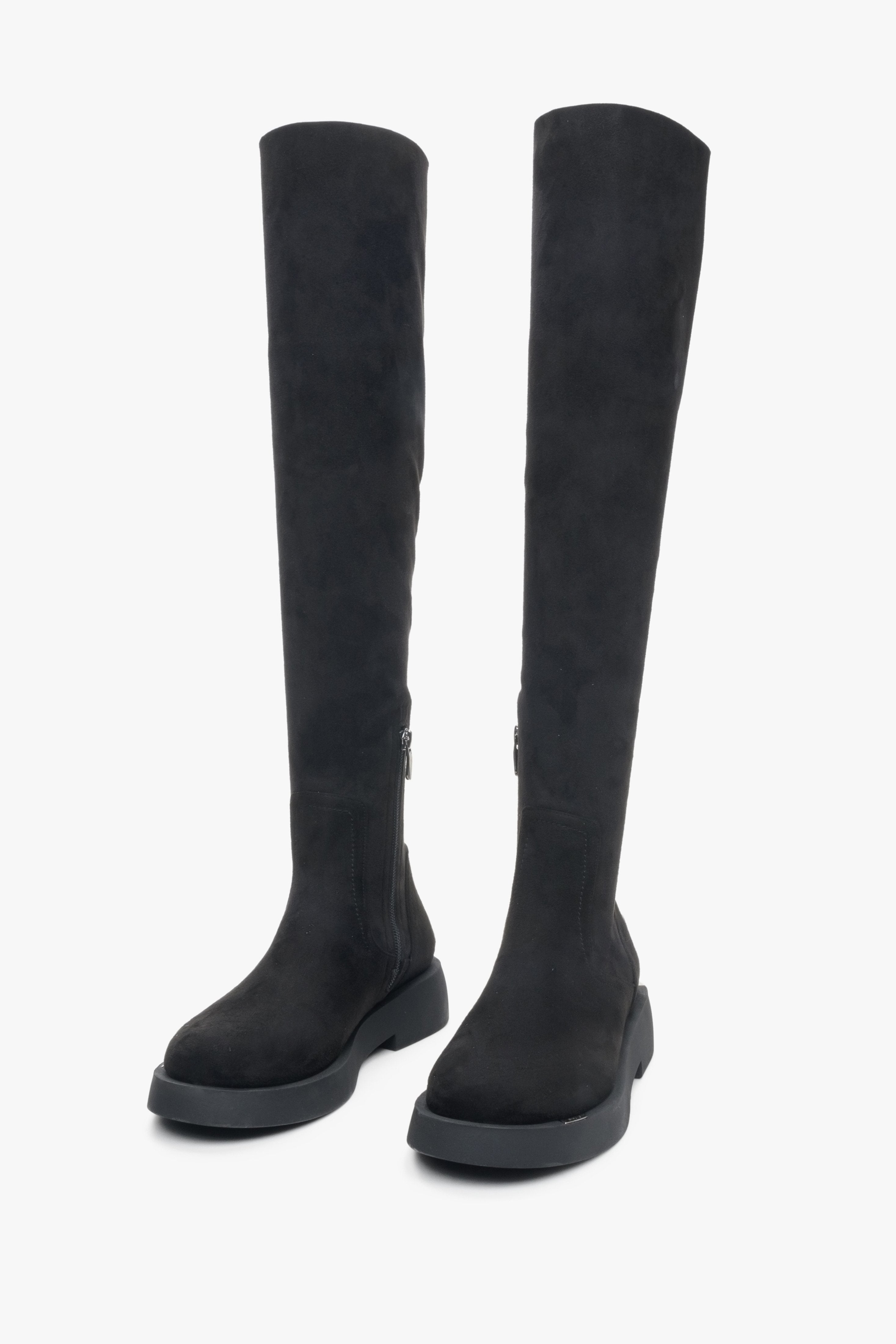 Soft velour black knee-high boots in black.