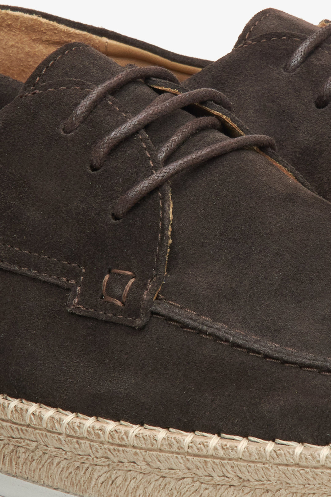 Estro dark brown men's velour moccasins - close-up on details.