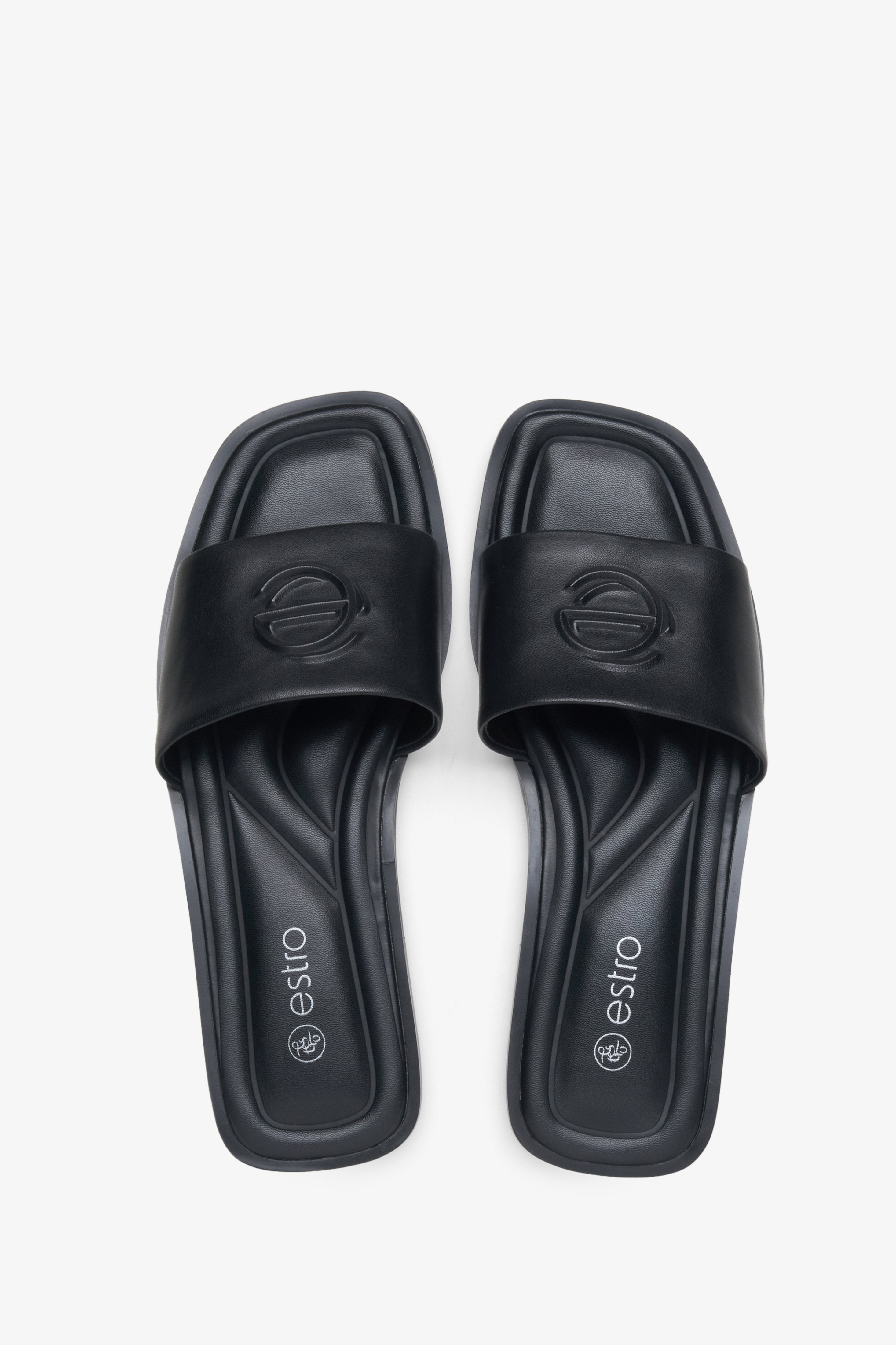 Estro women's black leather slides - top view presentation.