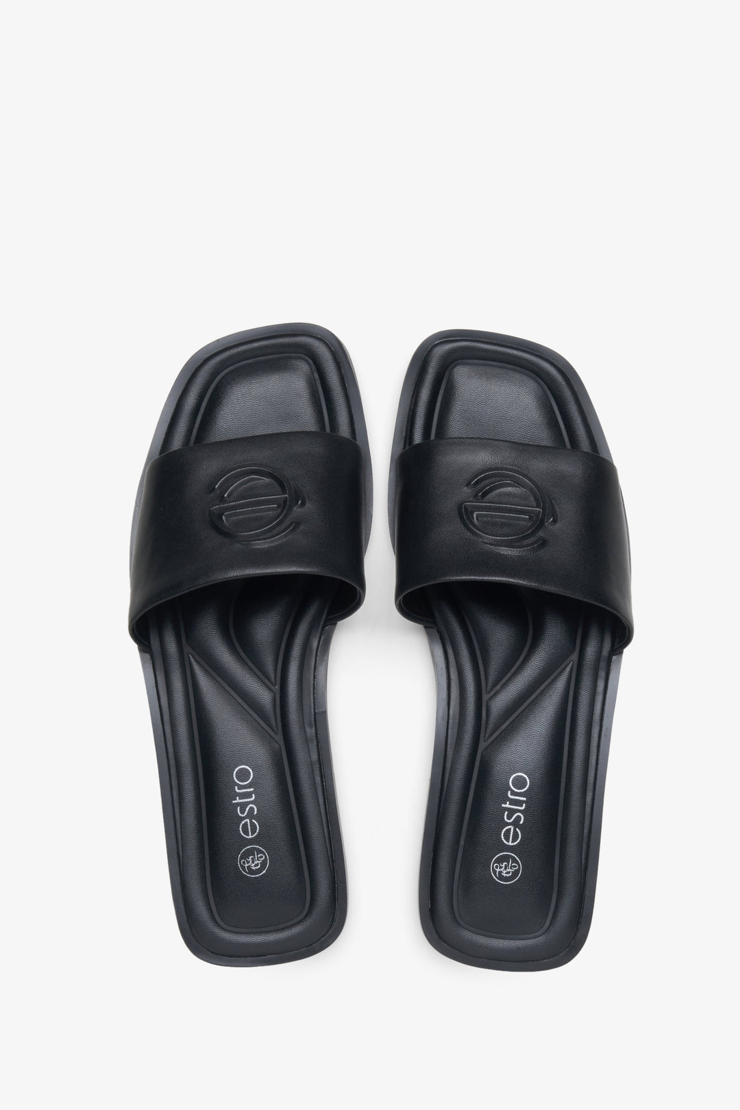 Estro women's black leather slides - top view presentation.