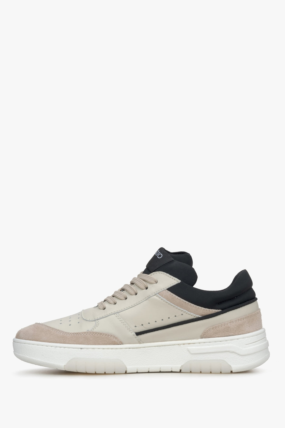 Women's beige and black  sneakers made of leather and velour - side profile.