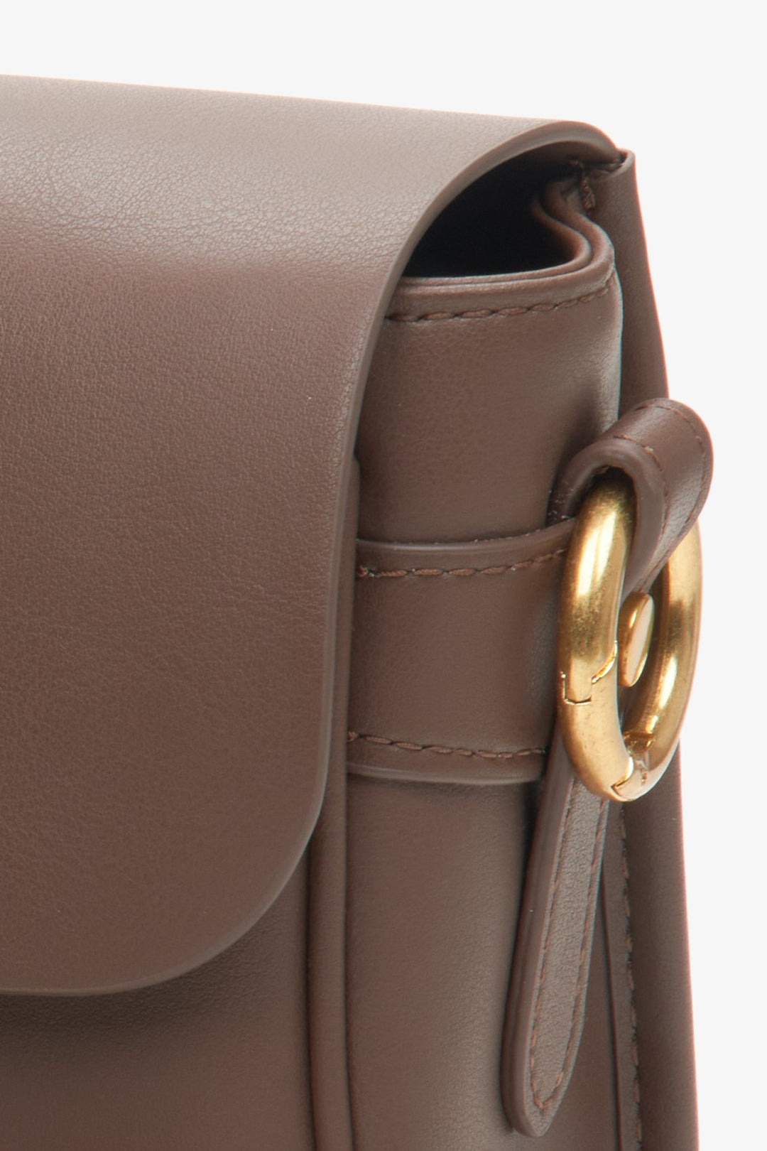 Women's dark brown leather handbag by Estro - close up on details.