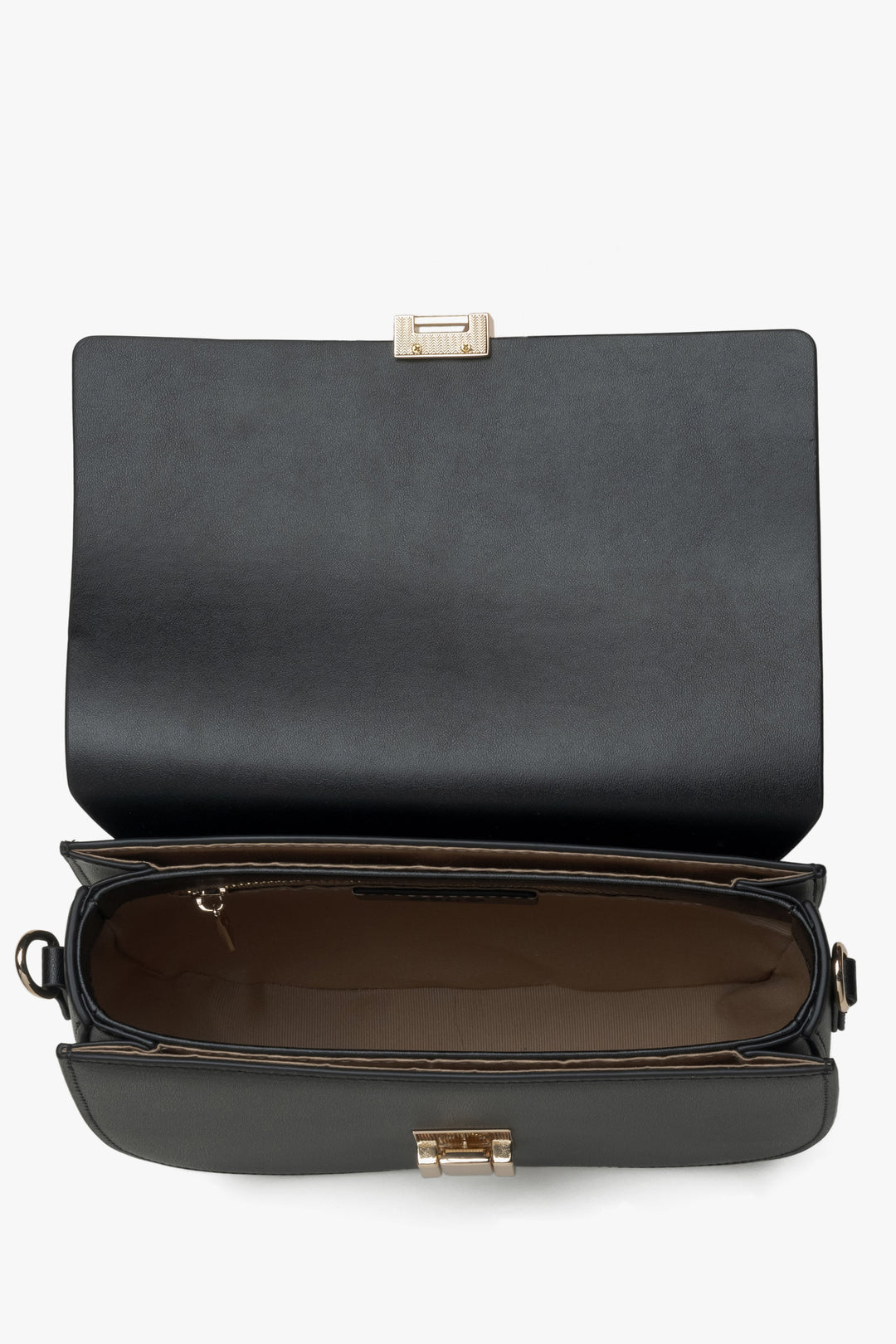 Women's black leather shoulder bag - close-up on the interior.