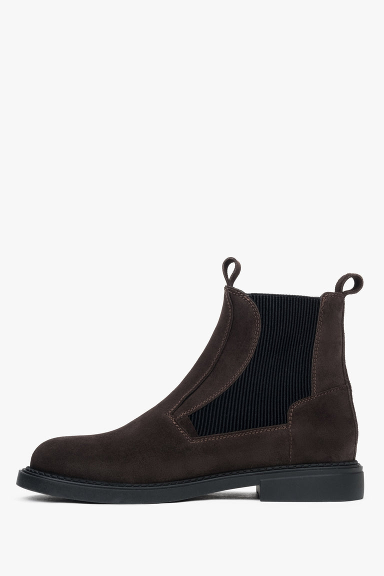 Women's dark brown velour chelsea boots - shoe profile.