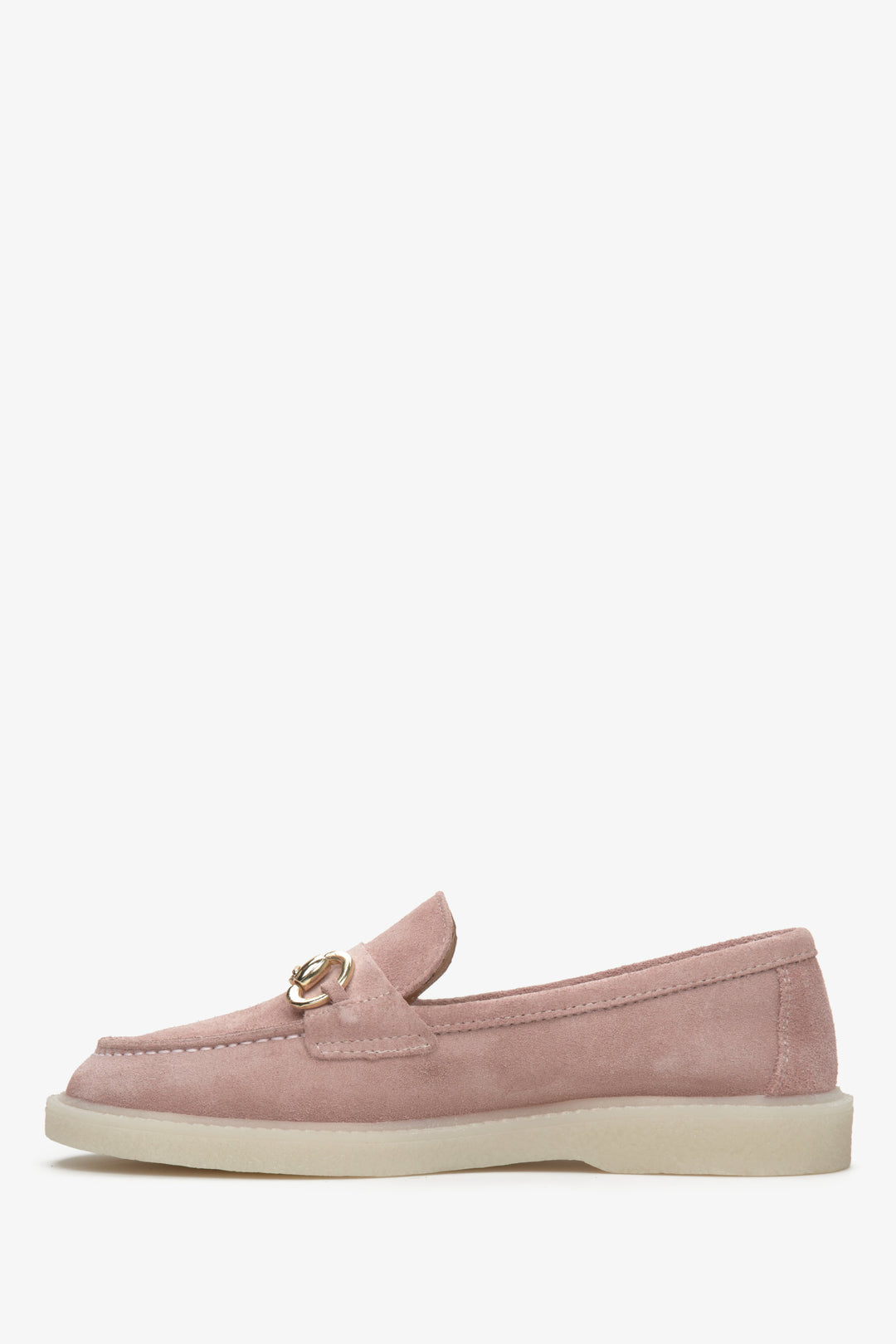 Light pink velour loafers Estro with gold buckle on Italian rubber sole.