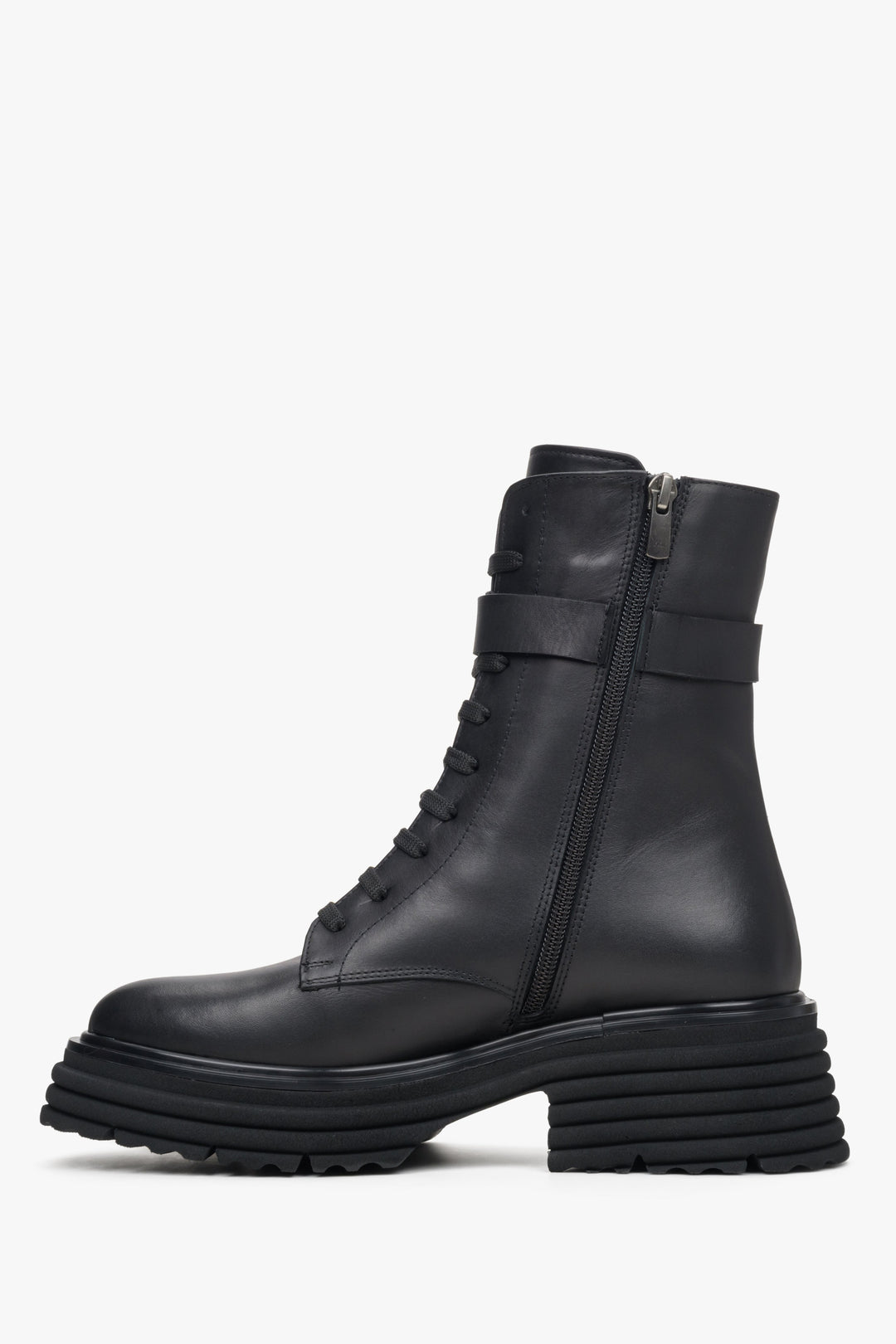 Women's black leather ankle boots - shoe profile.