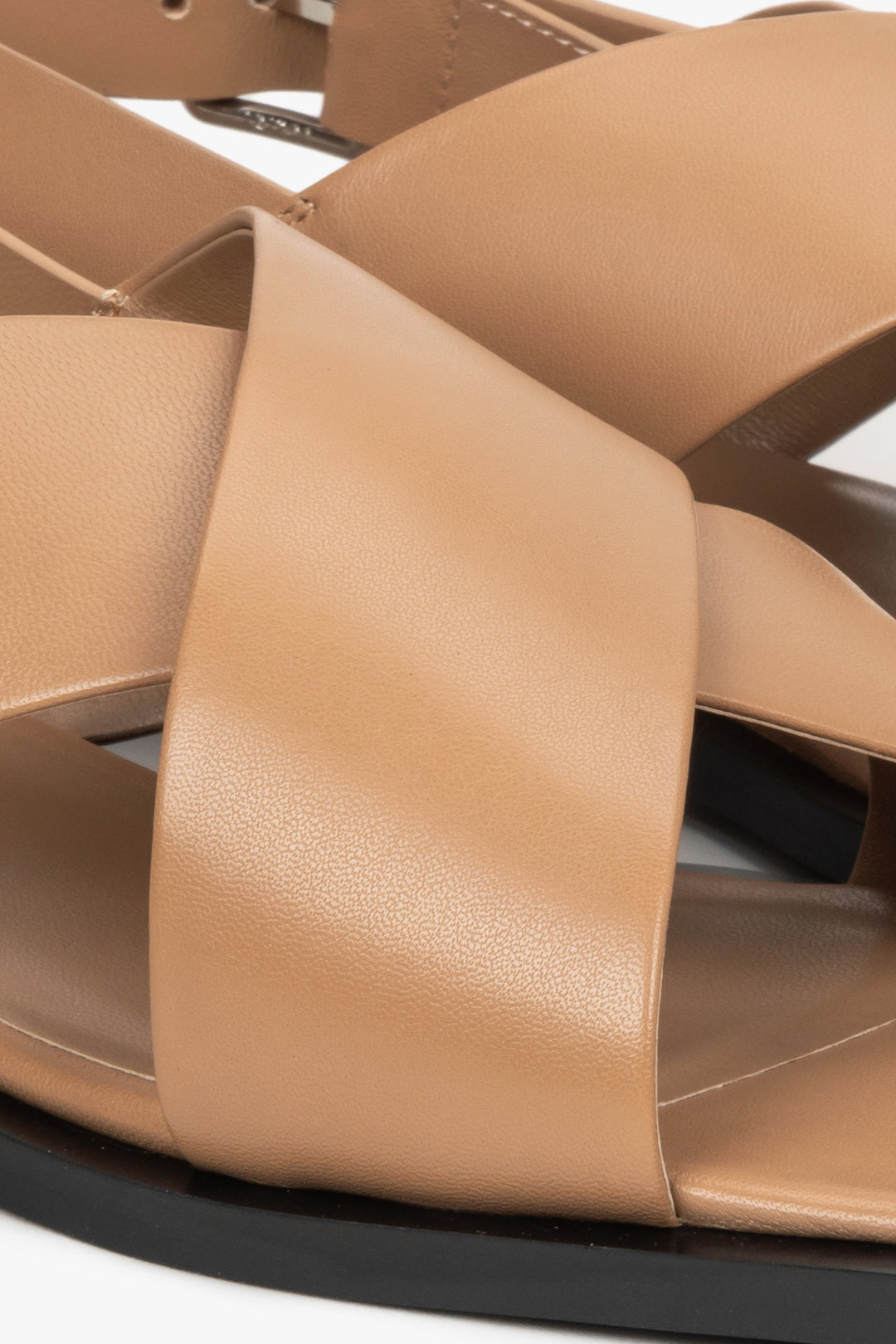 Women's brown leather sandals by Estro - close-up on details.