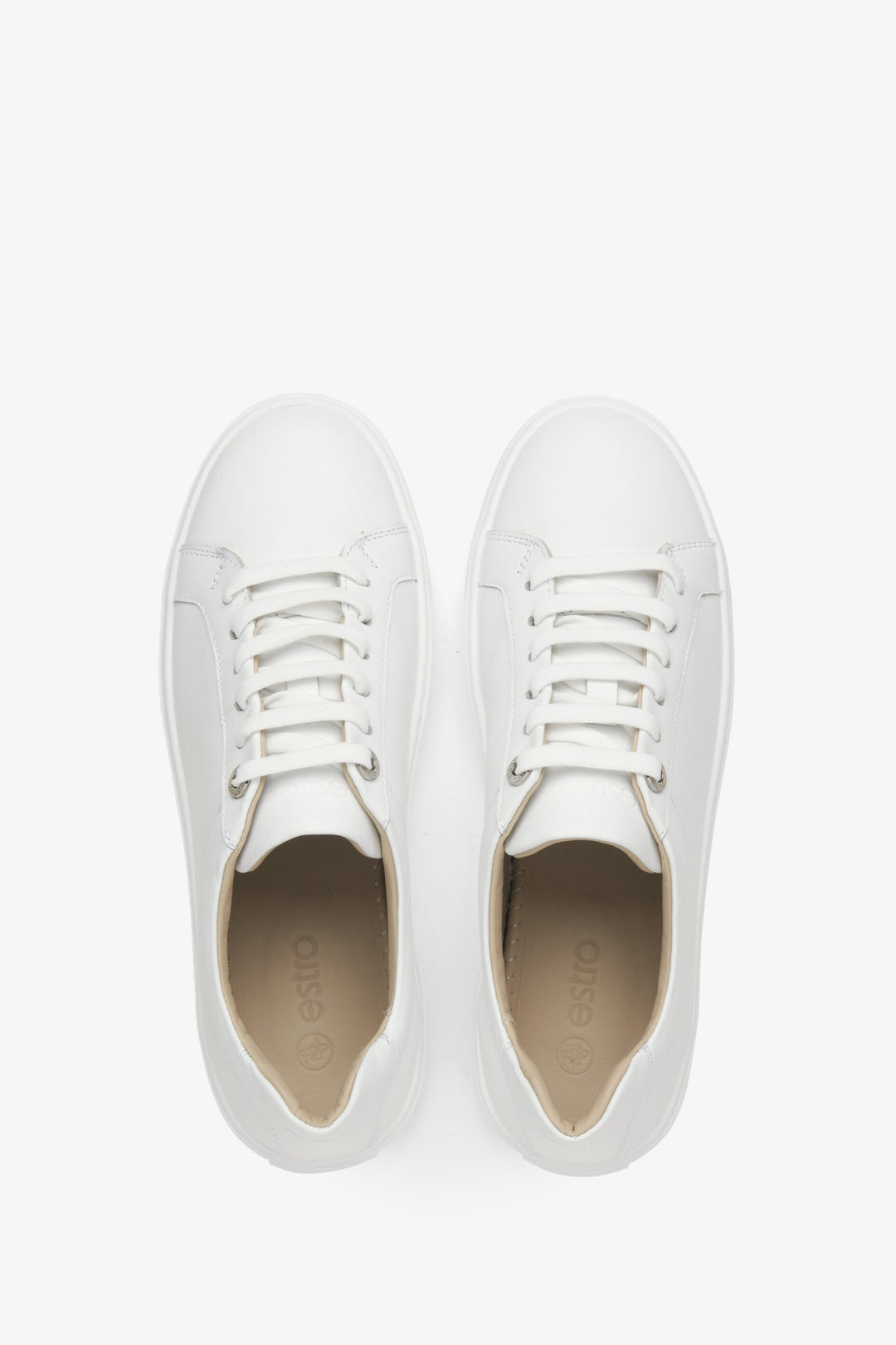 Women's fall white sneakers made of genuine leather by Estro - top view shoe presentation.