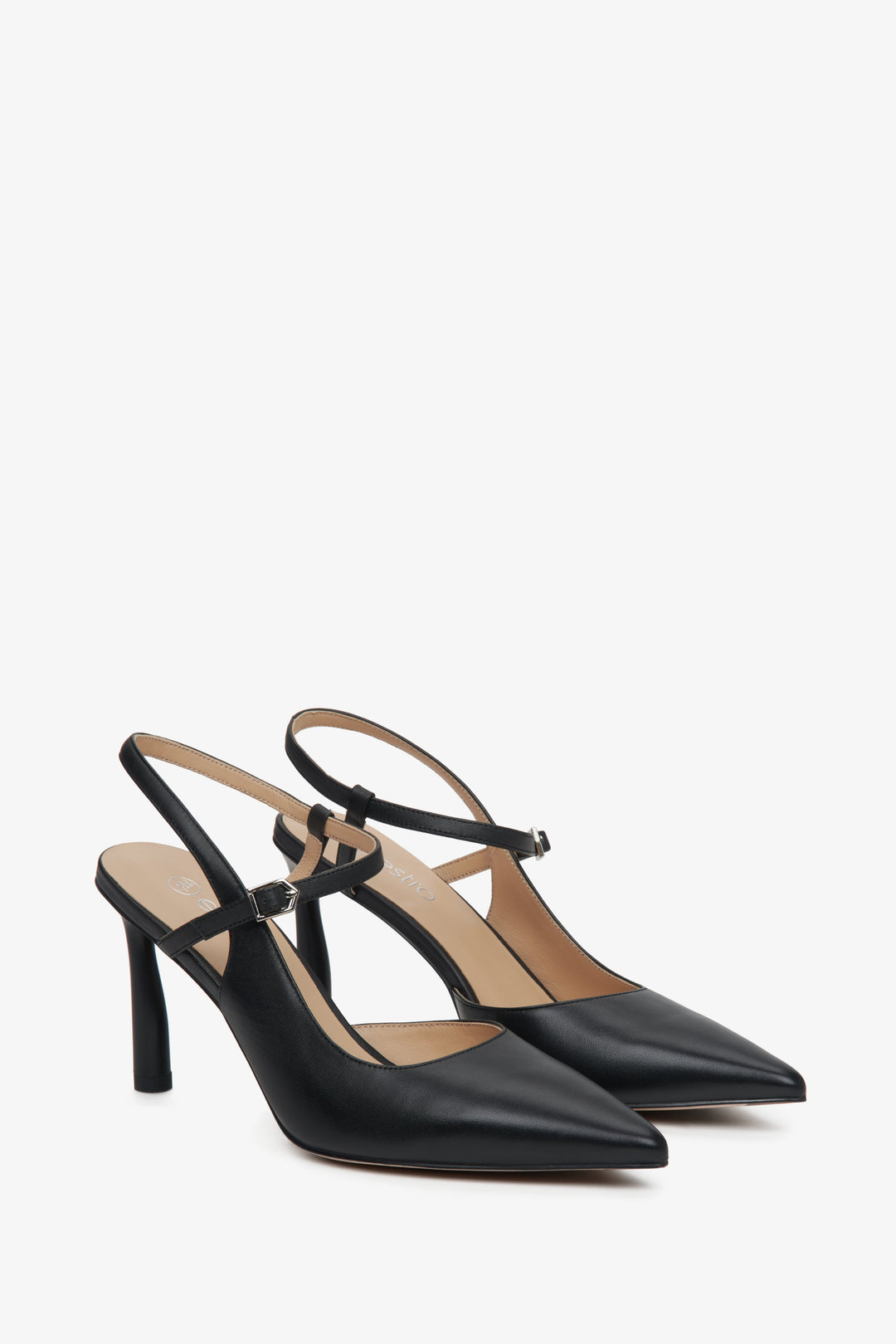 High heeled women's slingback shoes with a pointed toe in black.