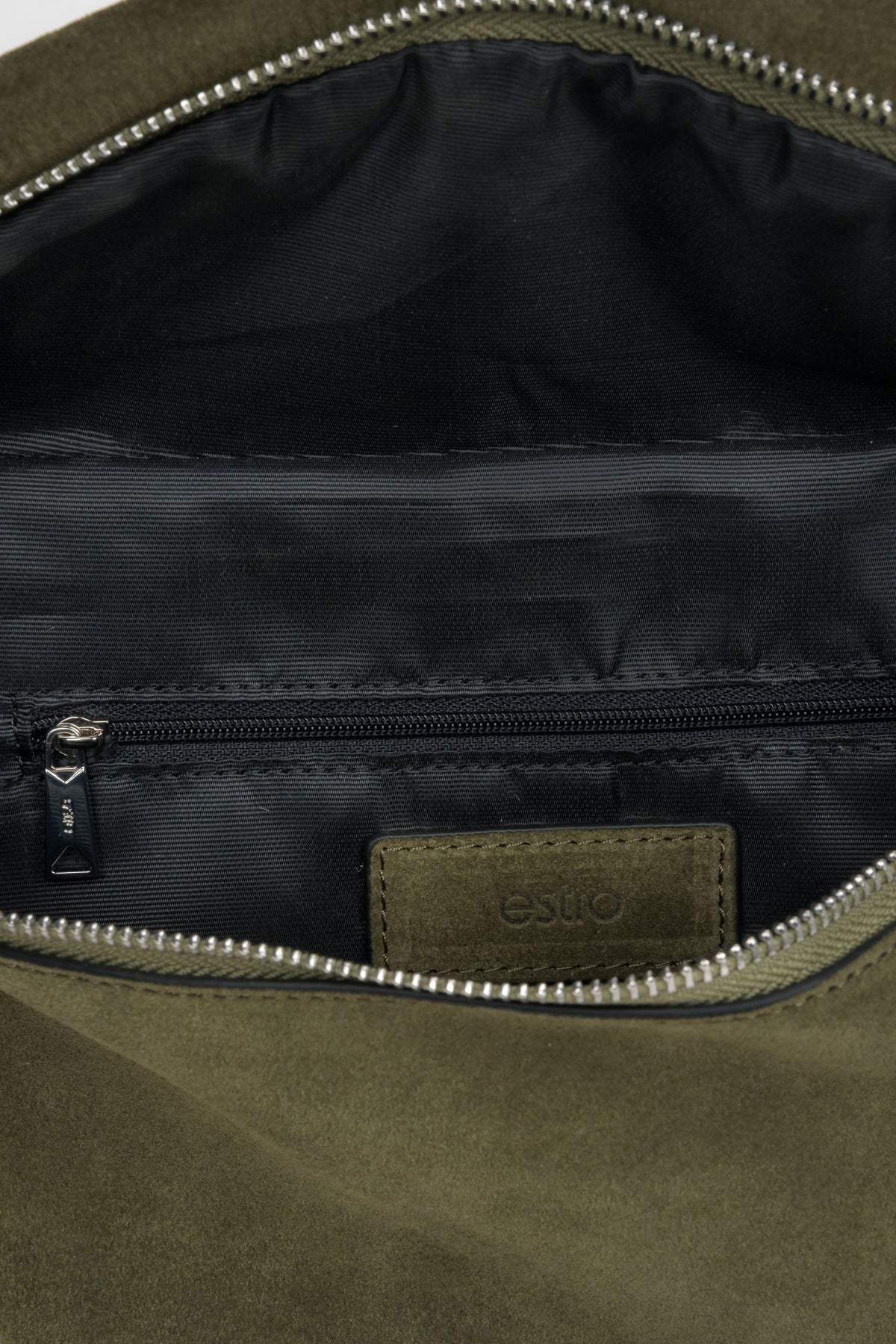 Stylish women's fanny pack made of dark green natural velour by Estro – interior view.