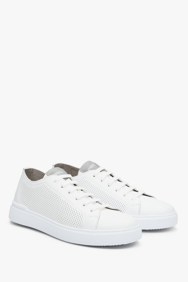 Men's perforated white sneakers made of natural leather, Estro brand.