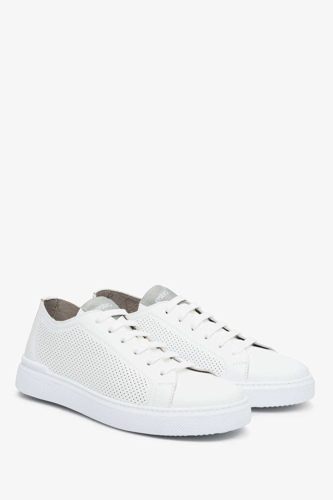 Men's perforated white sneakers made of natural leather, Estro brand.