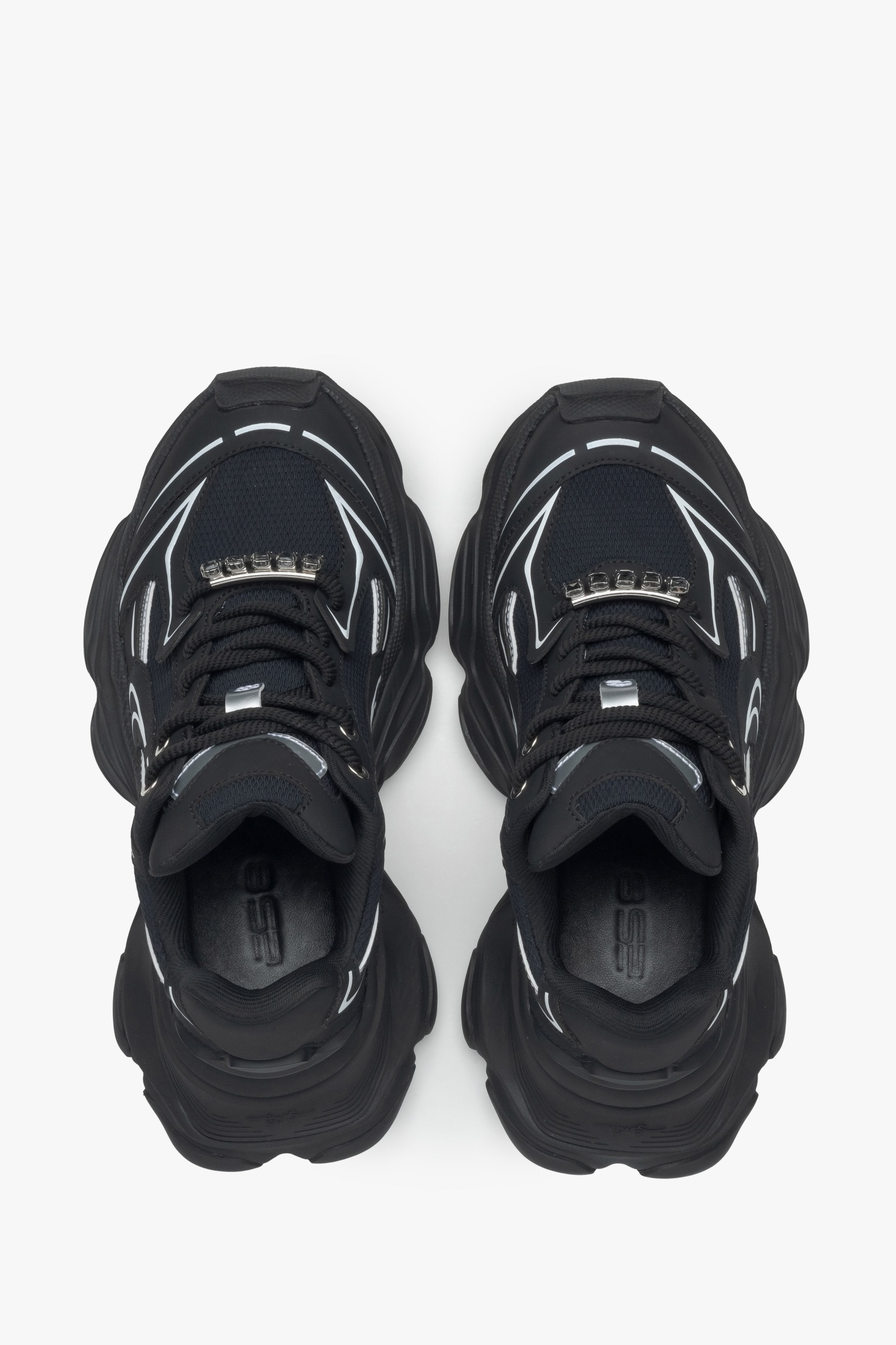 Black women's sneakers, ES8, with rhinestones on the laces – top view presentation.