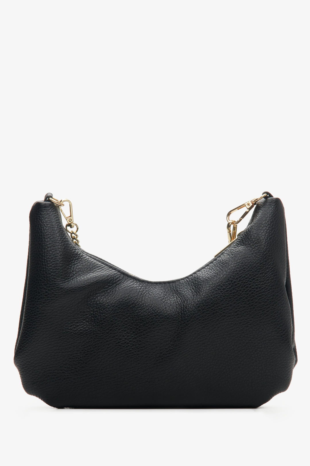 Women's black baguette handbag made of Italian genuine leather with a golden chain.
