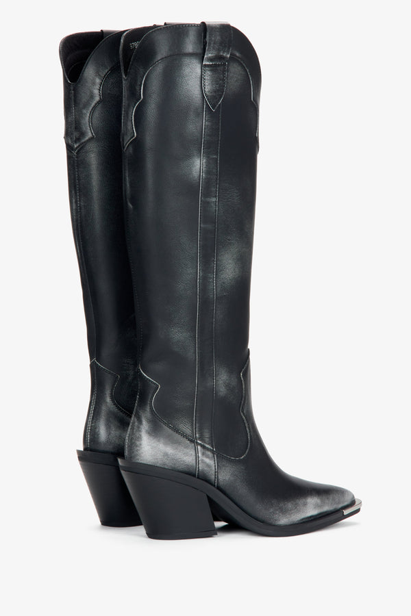 High black leather vintage cowboy boots for women Estro - close-up of the heel.