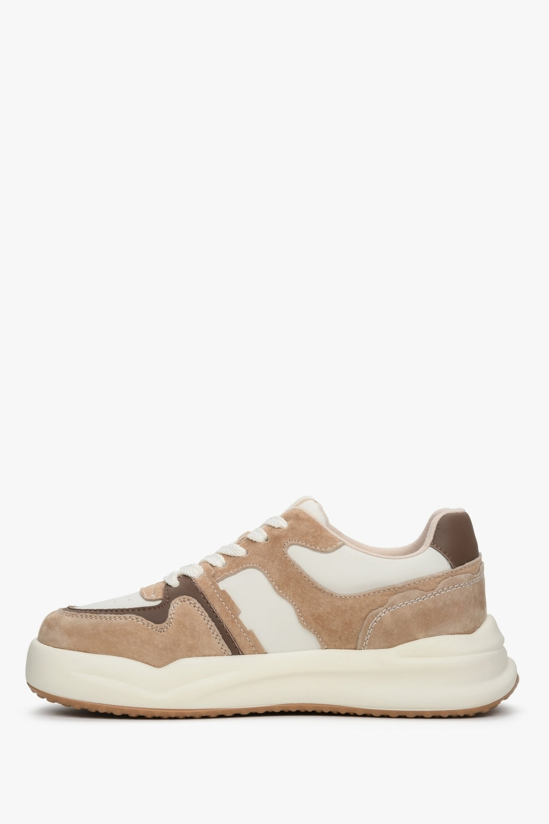Women's beige and white sneakers made of leather and velour.