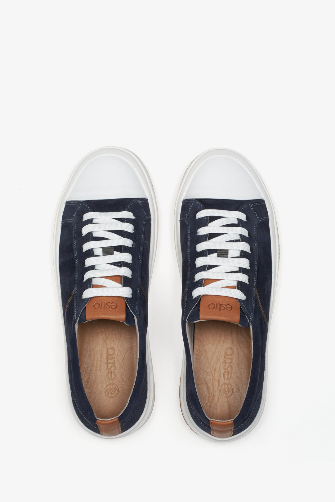 Navy blue men's sneakers made of genuine velour - top view presentation of the model.