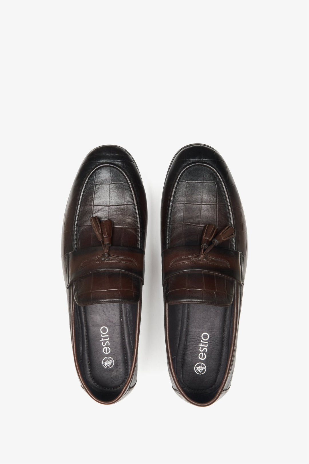 Men's dark brown leather loafers for spring by Estro - top view close-up of the footwear.