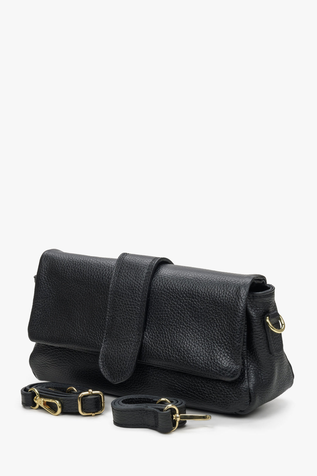 Women's black leather handbag with adjustable strap.