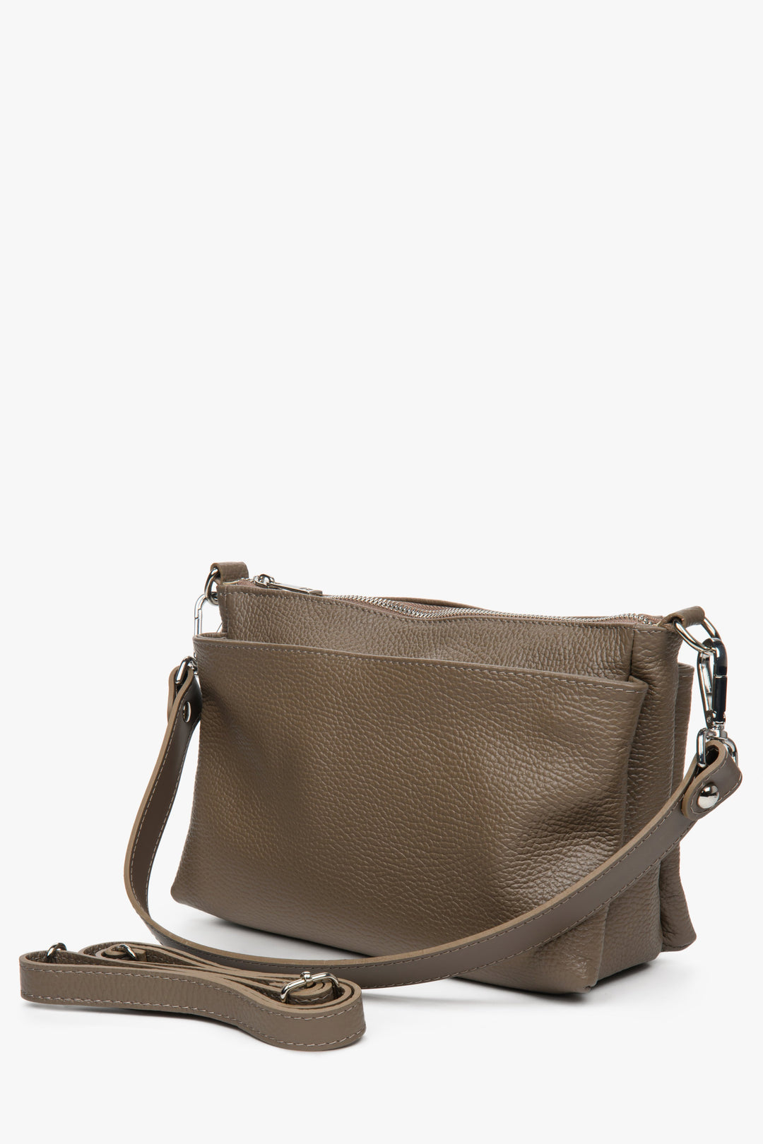 Women's Brown Estro crossbody bag made from genuine leather with a zipper.