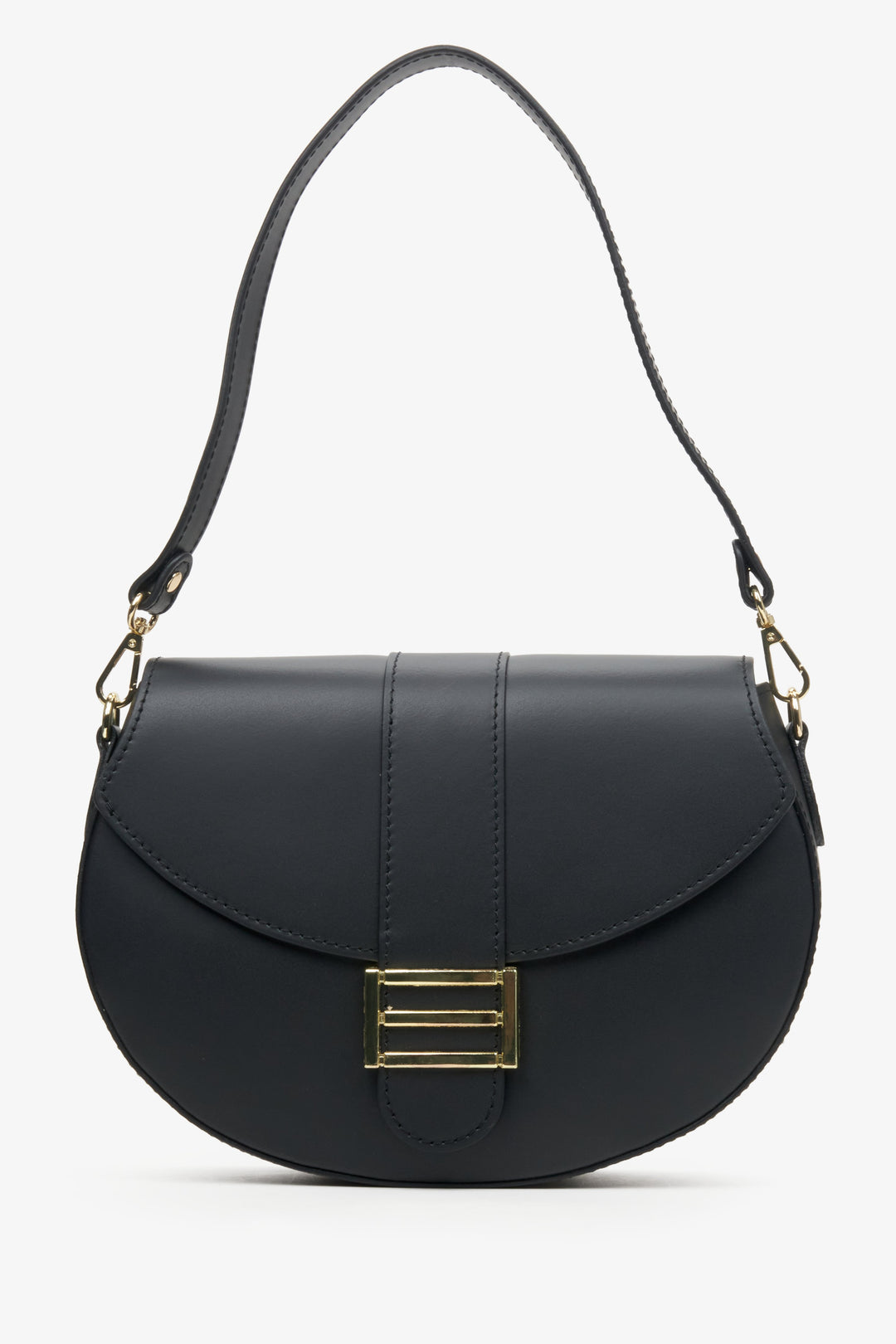 Leather, women's black horseshoe-shaped handbag by Estro - presentation of the model with a short shoulder strap.