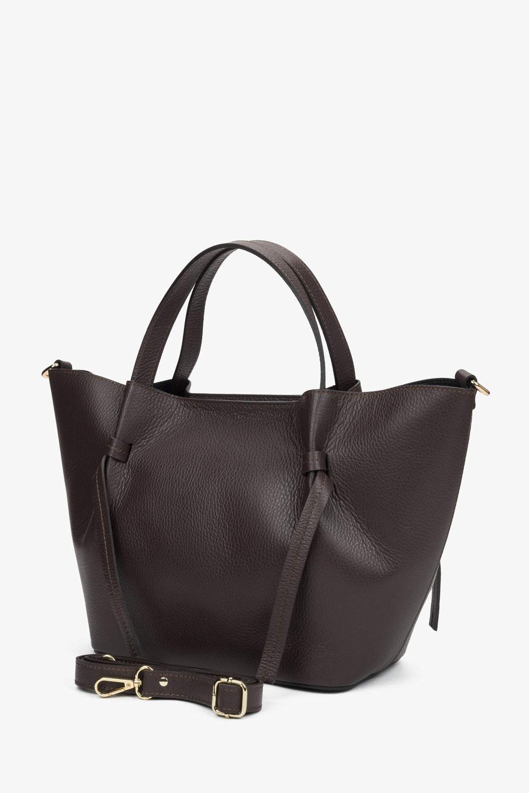 Elegant dark brown boat-shaped handbag by Estro.