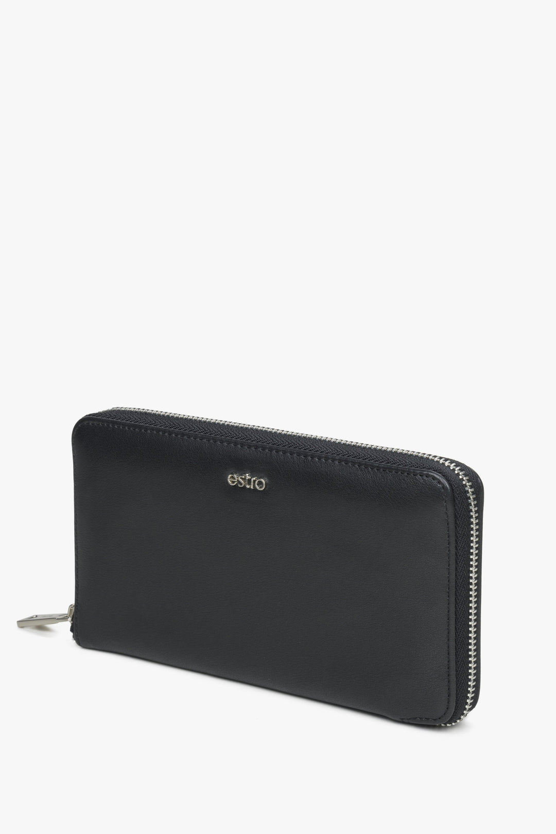 A men's black wallet made of genuine leather with silver hardware.