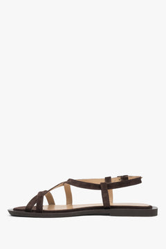 Comfortable brown women's sandals by Estro, made of soft genuine velour and featuring a crisscross strap for added stability.