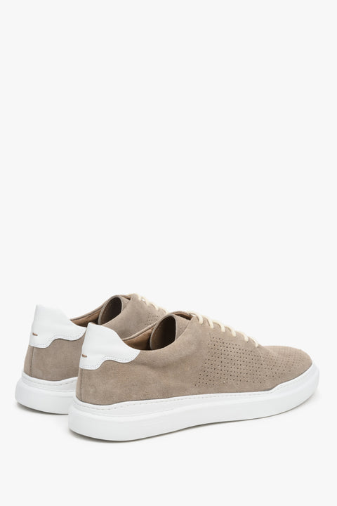 Men's beige suede sneakers by Estro - close-up on the side seam and heel.